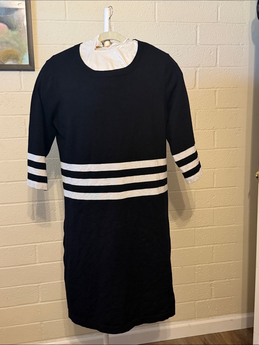Allison Brittney Black Knit Sweater Dress White Stripes XL